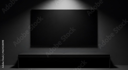 Modern minimalist black bench and artwork in a dimly lit interior space, showcasing a moody and sophisticated aesthetic.