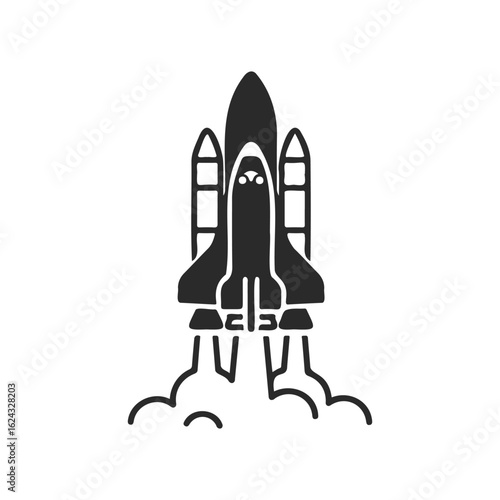 Black and white space shuttle launch illustration with smoke trails