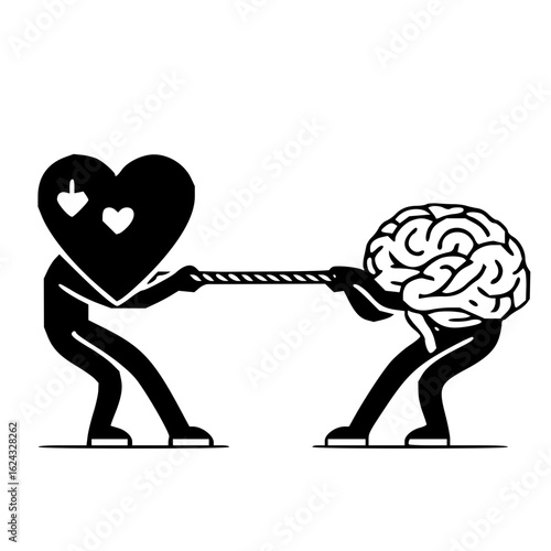 Illustration of a heart and brain figures in a tug of war symbolizing conflict and decision making process