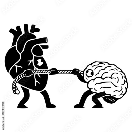 Cartoon heart and brain in tug of war representing conflict between emotion and logic in black and white