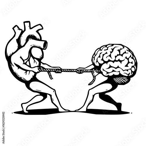 Heart and brain in tug of war showing conflict between emotion and logic in black and white drawing style