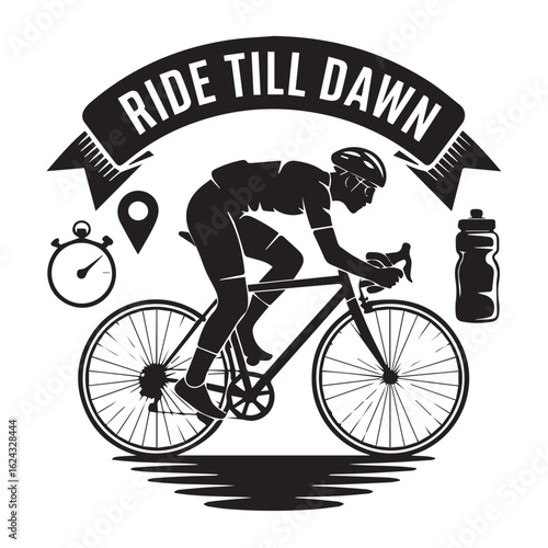 Silhouette of a cyclist riding through the night with motivational phrase ride till dawn