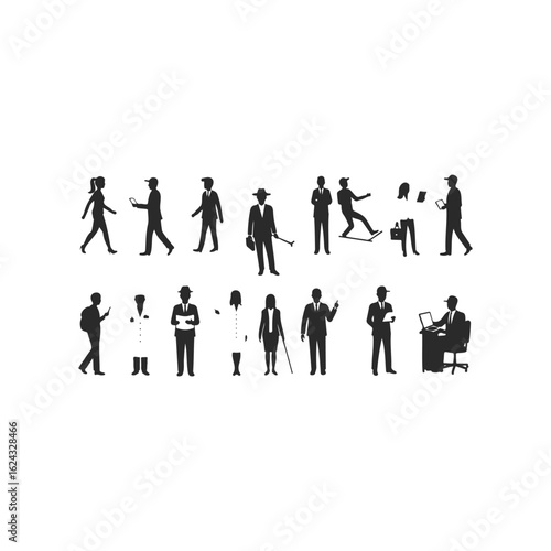 Silhouettes of diverse professions and activities with men and women in various poses