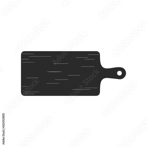 Black wooden cutting board with handle on white background