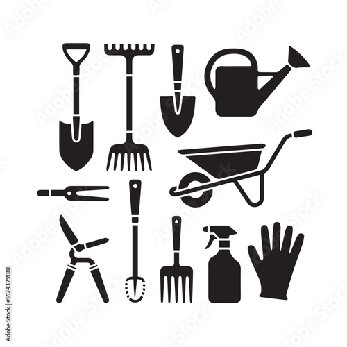 Collection of essential black silhouette garden tools for outdoor cultivation and yard work