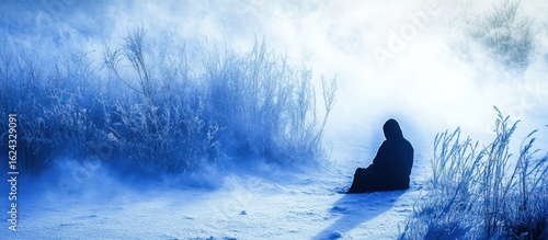 Solitary Figure Amidst the Ethereal Blue Haze of a Winter Landscape