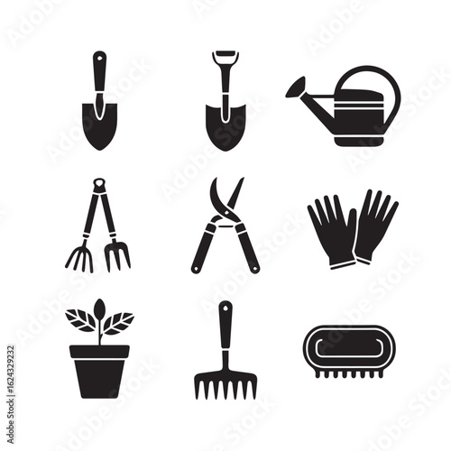 Collection of essential garden tools and supplies for planting and maintenance