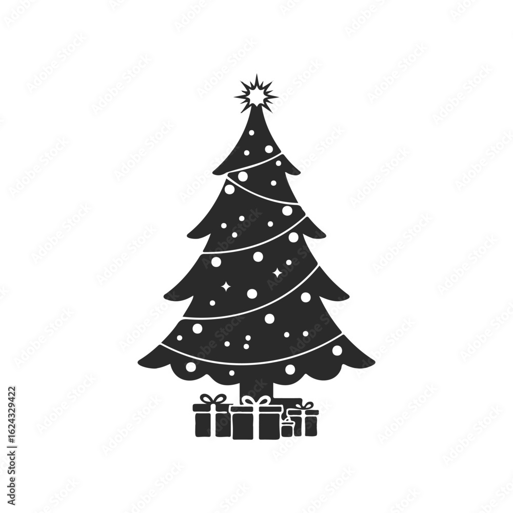 Fototapeta premium Festive christmas tree with star top and presents silhouette on white background