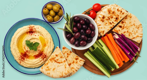 Hummus plate with pita bread, olives, tomatoes, and vegetable sticks on a light blue background.