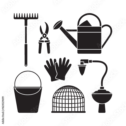 Collection of essential garden tools and supplies for cultivating plants and outdoor spaces