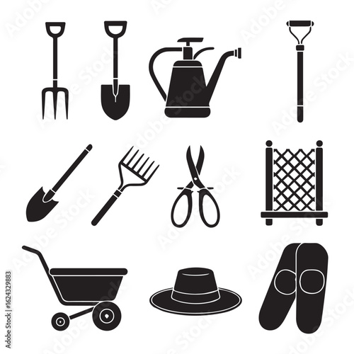 Collection of essential black silhouette garden tools and accessories for outdoor cultivation