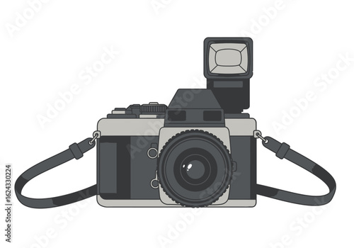 Vintage 35mm Film Camera with Flash and Strap.