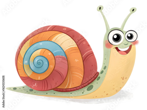 Cute cartoon snail with a colorful spiral shell and big eyes