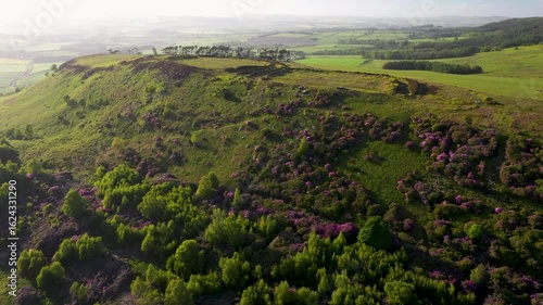 The ancient twin forts of Old Bewick multivallate Iron Age hillfort south east of Wooler, Northumberland, England. Aerial view over scarp edge to north west. 4k video fly up in