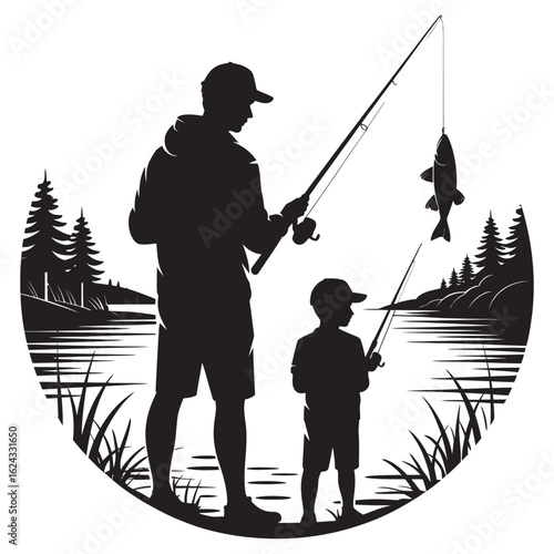 Father and child fishing together outdoors, symbolizing family bonding, love, and nature, isolated on a transparent background for versatile design use