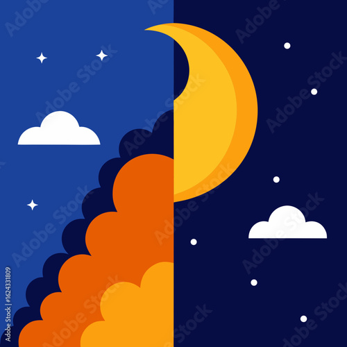 Abstract day and night sky with moon and clouds