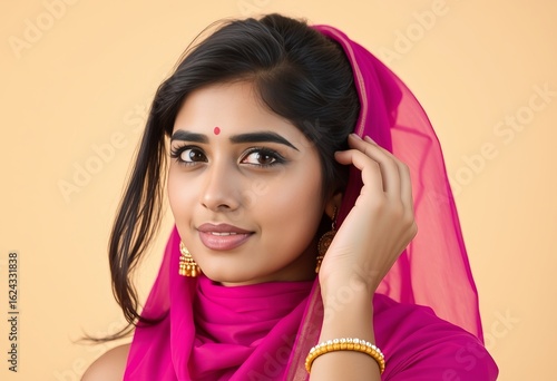 Portrait of beautiful indian woman in traditional dress with bindi and jewelry stock photo image