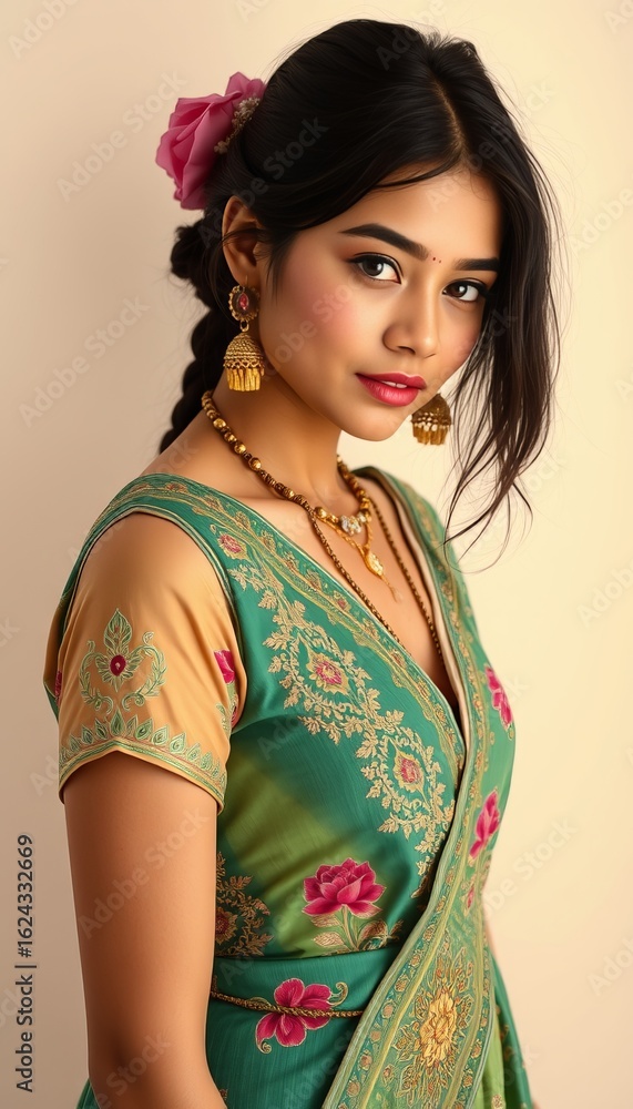 Fototapeta premium Portrait of beautiful indian woman in traditional saree with jewelry and flower in hair fashion style