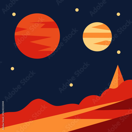 Stylized martian landscape with two planets in a starry sky