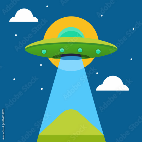 Green flying saucer abducting a hill with a light beam