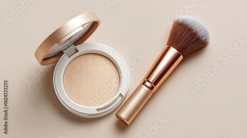A stylish makeup compact with a shimmering powder and a soft brush, perfect for a glamorous look.