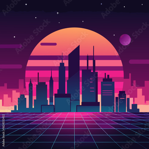 Retro futuristic cityscape with neon grid and sunset