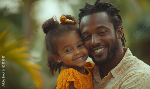 Happy candid African American father and child hugging outside, symbolizing quality time and the unconditional love shared between a father and daughter in nature, Generative AI