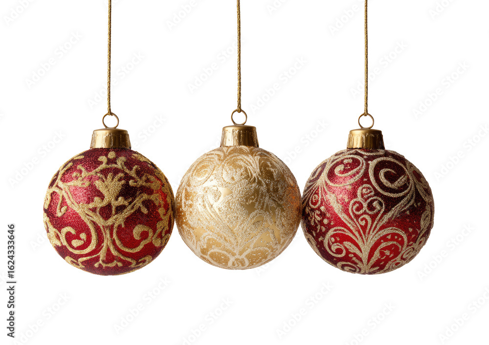 Three Christmas ornaments, gold and burgundy, hanging Three Christmas ornaments, gold and burgundy, hanging
