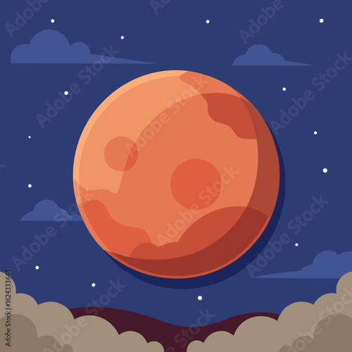 Vibrant orange full moon in a starry night sky with clouds