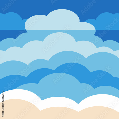 Stylized beach scene with blue clouds and sandy shore