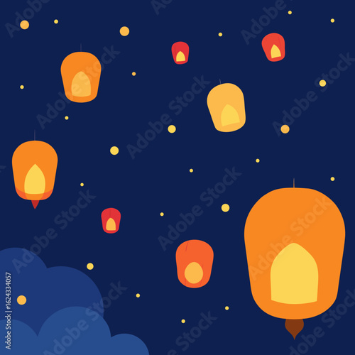 Floating lanterns illuminate the night sky with stars and clouds
