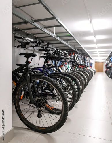 Bike storage rows in a modern indoor facility