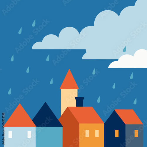 Stylized town under a rainy sky