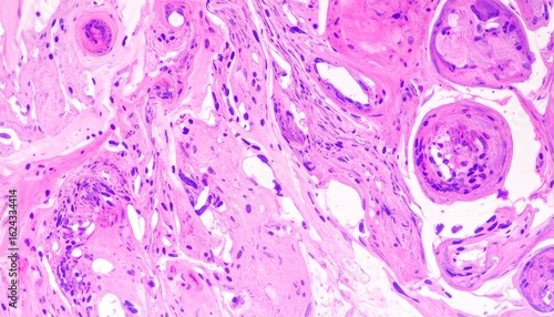 Microscopic view of a biological tissue sample showing cellular detail and concentric calcifications. Histology slide for scientific study.