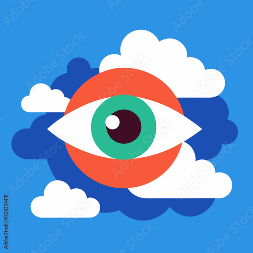 Stylized eye peeking through clouds on a blue sky
