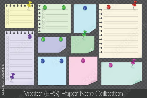 Realistic colorful clean paper notes with coiled and folded edges, attached with colorful push pins. Vector (EPS) colorful notes with empty fields isolated on transparent background