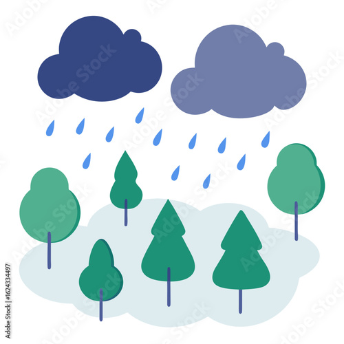 Rainy day in the forest with stylized clouds and trees