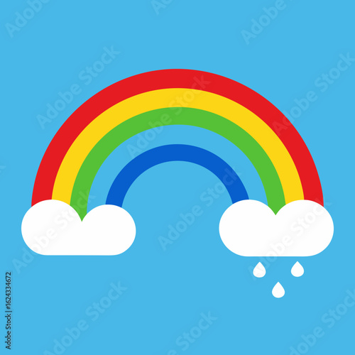 Simple rainbow with clouds and raindrops on blue sky