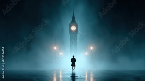 A silhouetted figure stands in fog near a large clock tower, illuminated by streetlights, creating a mysterious and atmospheric scene.