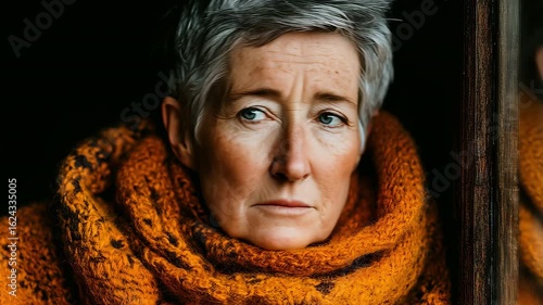 A contemplative lesbian woman with short hair wrapped in a vibrant orange scarf gazes pensively, evoking a sense of introspection and warmth amidst a dark backdrop. The mood is reflective and serene.