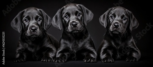A Trio of Black Labrador Puppies against a Dark Backdrop, Pet Portraiture