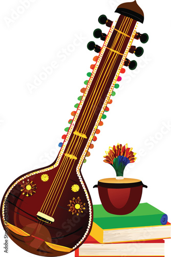 Sitar with Tabla and Books for Indian Classical Music Education