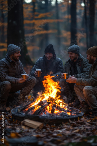 men sitting around a campfire in the woods.
