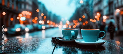 Two cups of coffee on a table with blurred urban street ambiance bokeh lights