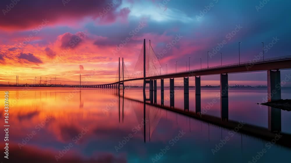 Long exposure of the infinite bridge gracefully curving over mirror-like aarhus bay waters at golden sunrise light, capturing pastel sky reflections and denmark’s coastal serenity Long exposure of the infinite bridge gracefully curving over mirror-like aarhus bay waters at golden sunrise light, capturing pastel sky reflections and denmark’s coastal serenity