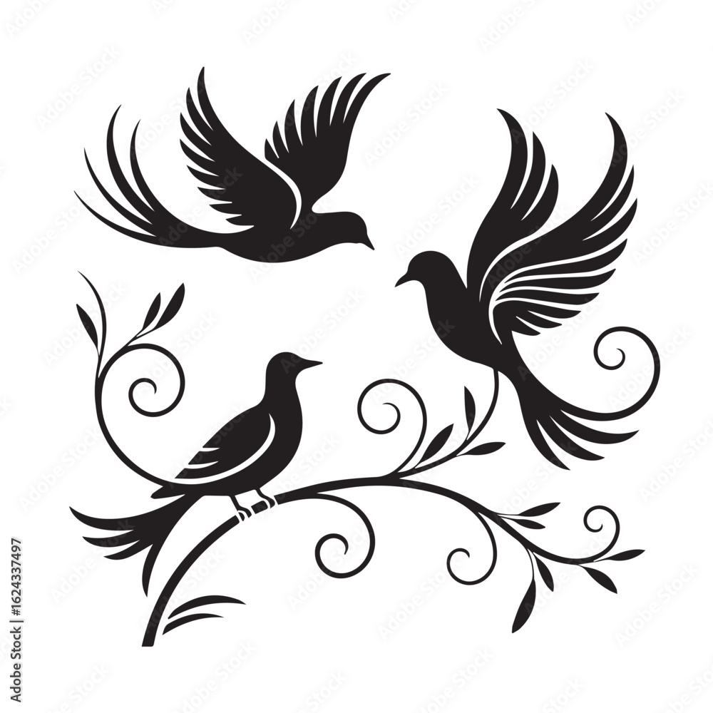 Fototapeta premium Stylized Bird Silhouette Icons – Artistic Flying Birds, Branch Perchers, and Minimal Winged Shapes Vector Illustration Set