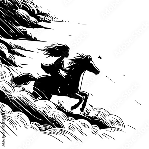 Silhouette of a woman riding a horse through a stormy landscape with a bird flying in the distance