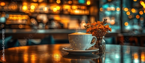 Cozy coffee break at a cafe with soft lights and a warm ambiance creating relaxing moments