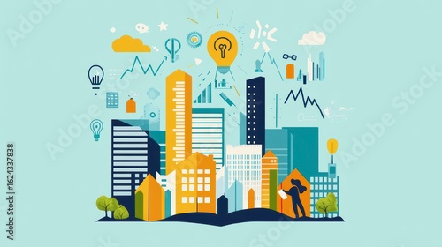 Cityscape emerging from open book with innovation icons.