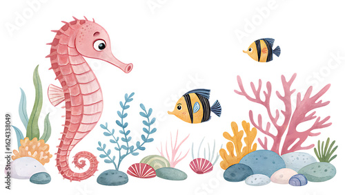 Cute pink seahorse and tropical fish underwater scene isolated on transparent background